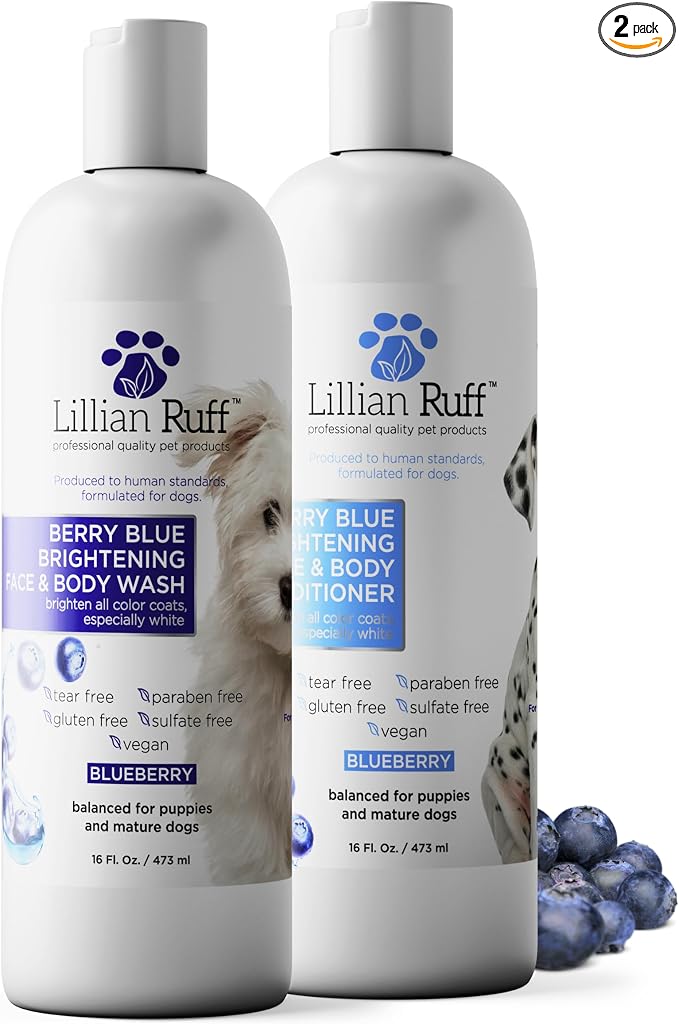 Lillian Ruff PRO Formula Berry Blue Brightening Dog Shampoo & Conditioner Set - Professional Show-Quality Whitening, Stain & Odor Eliminator, Hydrating Relief for Dry Skin, ProVitamin B5, USA Made