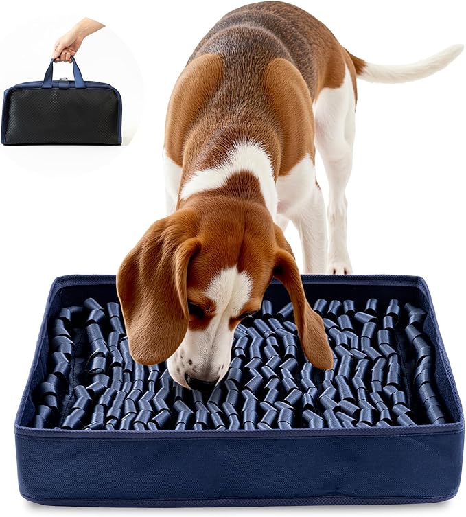 FunFurry Snuffle Mat for Dogs, Dog Puzzle Mat, Interactive Dog Toys for Enrichment,Sniff Mats with Non-Slip Backing,Portable Design Easy to Store (Navy, 14" X 12"-Portable)