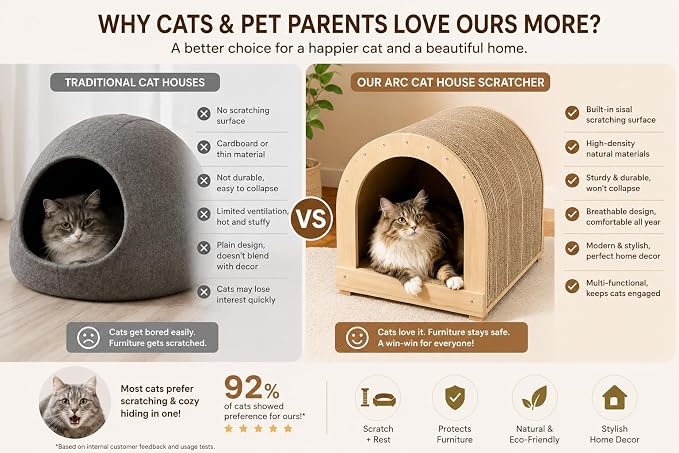 Modern Cat House for Indoor Cats, 2-in-1 Cat Scratcher Lounge with Cozy Cushion, Wooden Furniture Style Cat Condo Bed for Cats & Kittens