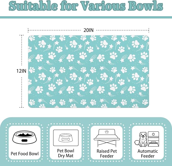Dog Food Mat 12x20 Inch Pet Feeding Absorbent Mats for Floor Dog Cat Water Bowl Placemat Non-Slip Washable Pet Food and Water Mat