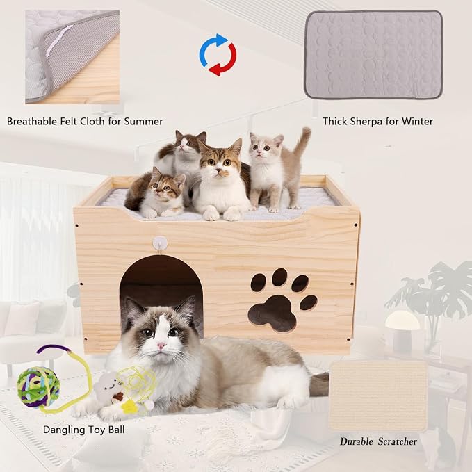 Large Wooden Cat House for Indoor Cats- Cat Scratcher House, Sturdy Cat Playhouse Cat Bed Cave,Cat Scratchers with Sisal Scratching Board, Wooden Cat Condos, Cat Cubes, Cat Hideaway