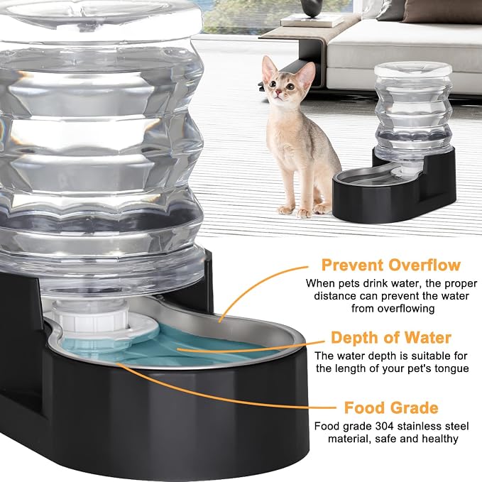 RIZZARI Black 5L Gravity Dog Water Dispenser with Stainless Steel Bowl - Activated Carbon Filter Helps Soften Water & Reduce Odor, Supports Urinary Health, for Small Pets in Patio or Garden