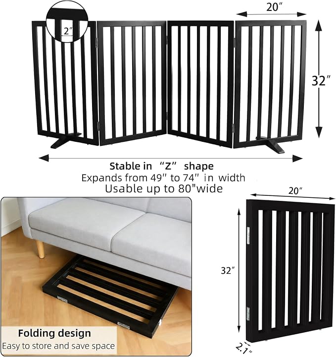 ZJSF Freestanding Indoor Dog Gate for House Foldable Wood Puppy Gate for Doorways Pet Gate for Stairs Extra Wide Pet Fence, Black, 32" Height 4 Panels