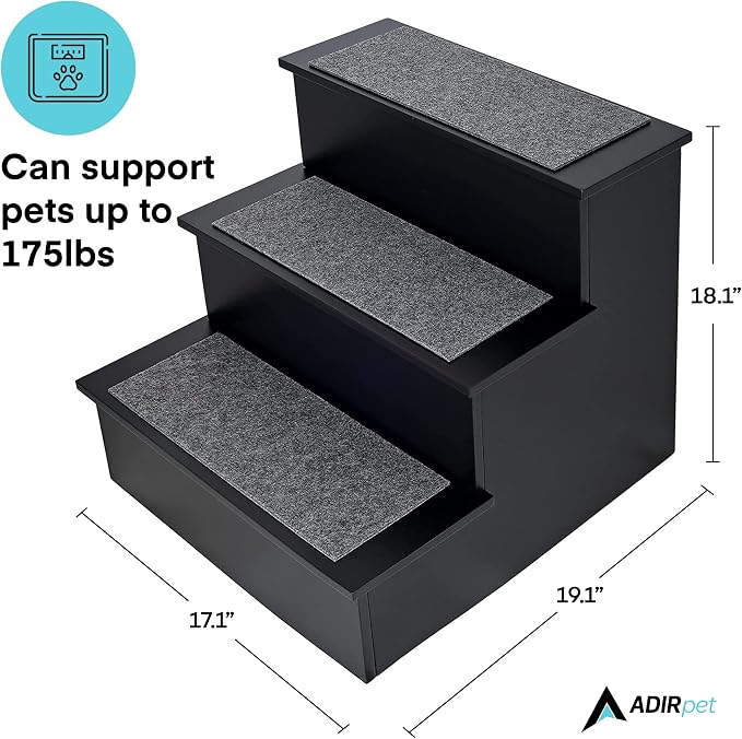 AdirPets Deluxe 3-Step Pet Stairs with Non-Slip Surface and Carpeted Treads - Sleek Pet Steps for Small Dogs, Cats, Elderly or Disabled Pets - Supports Up to 175lbs Weight - Black
