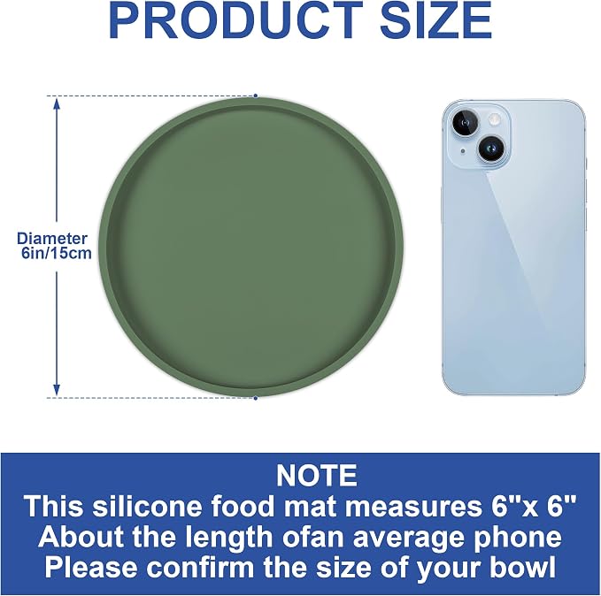 Arespark Pet Silicone Food Mat, 6in x 6in Set of 2 Nonslip Waterproof Feeding Bowl Mat with Raised Edges for Food and Water Prevent Spills, Round Eating Tray for Dog Cat Puppy Kitten (Olive Green)