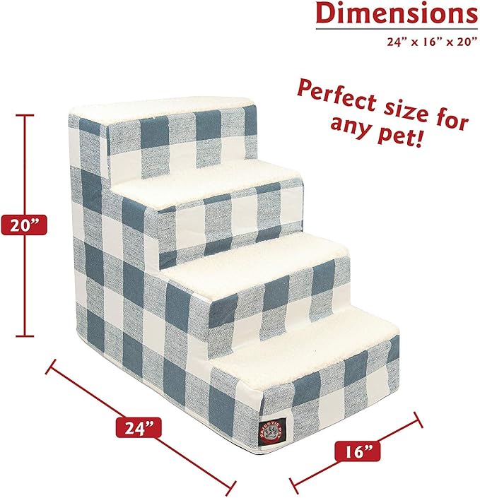 Majestic Pet 4 Step Portable Dog Stairs for Small Dogs to get on Bed Supports 250 lbs or Less – Dog Steps for High Bed with Machine Washable Cover –Pet Stairs for Cats Anderson Check Gunmetal Blue