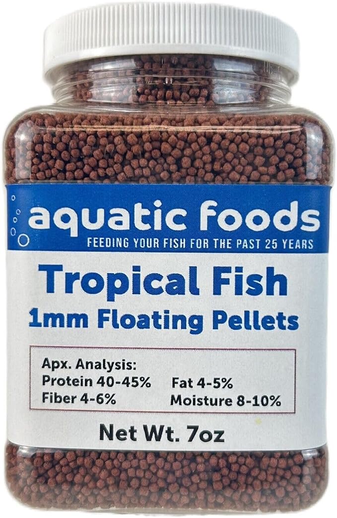 Tropical Fish 1mm - 1/32" Floating 40% Protein Pellets for Discus, Cichlids, Bettas, Guppies, Tetras, Live Bearers, Baby Koi, Smaller Tropical and Pond Fish...WL 7oz Sm Jar