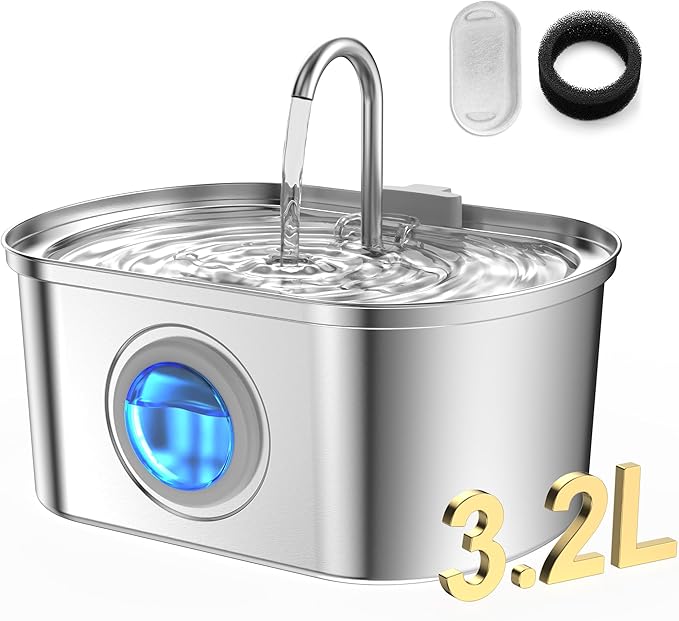 Cat Water Fountain Stainless Steel with Water Level Window,108oz/3.2L Cat Fountain Quiet Automatic Pet Water Fountain for Cats and Small Dogs(Cat Fountain 3.2L)