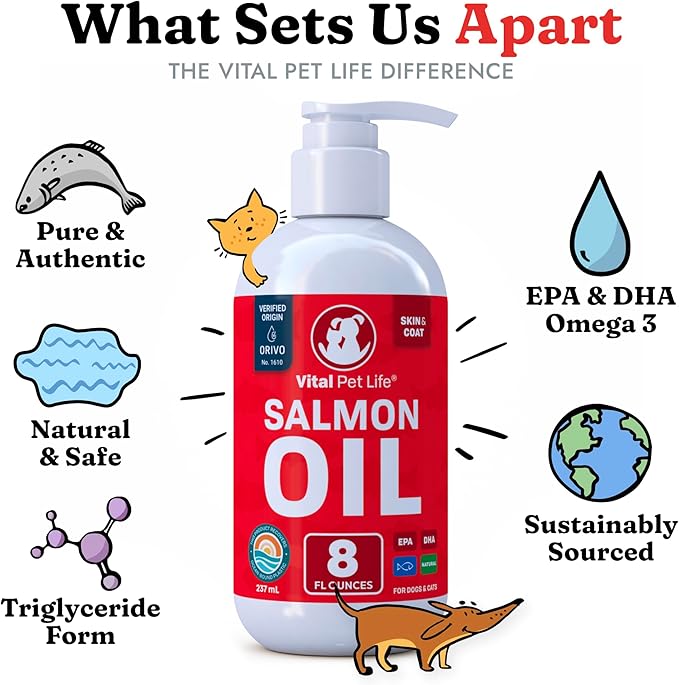 Salmon Oil for Dogs & Cats - Healthy Skin & Coat, Fish Oil, Omega 3 EPA DHA, Liquid Food Supplement for Pets, All Natural, Supports Joint & Bone Health, Natural Allergy & Inflammation Defense, 8 oz | Soft Shiny Glossy Coat, EPA DHA, Immune System & Hea...