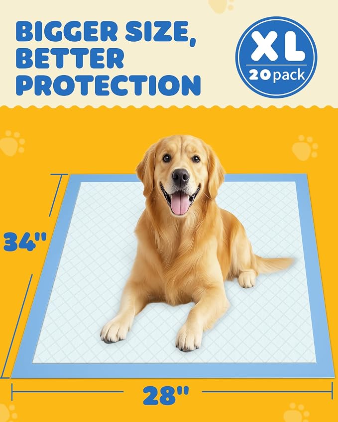 Powools Puppy Pads - XL 34'' x 28'' Dog Training Pads with Fast Absorb Core & Leak-Proof Backing, Quick-Dry Dog Pee Pads for Home, Travel & Crates, 20 Count