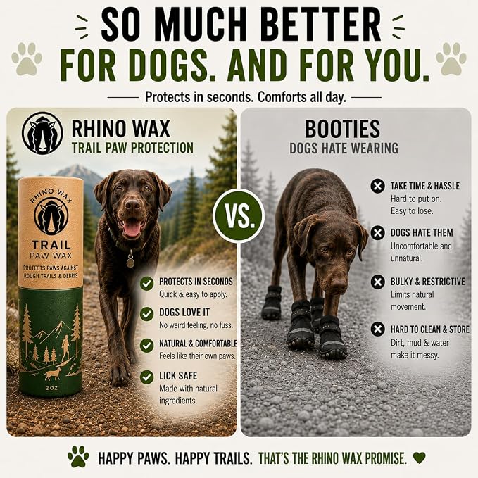Rhino Wax - Dog Paw Trail Wax 2oz - Use Before Taking Dogs on a Hike - Balm Helps Protect Against Rocks, Uneven Terrain, Thorns, Glass - Moisturizes and Improves Elasticity - Lick-Safe - Made in USA