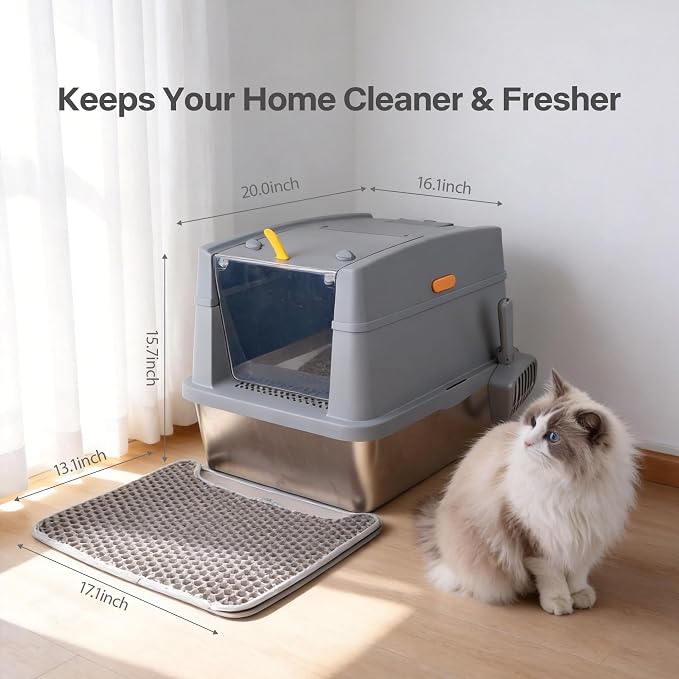 Large Stainless Steel Cat Litter Box with Lid, Enclosed High Sided Sifting Metal Litter Boxes with Scoop for XL Cats, Multicat, Non-Sticky, Anti-Leakage, Easy Cleaning, Grey