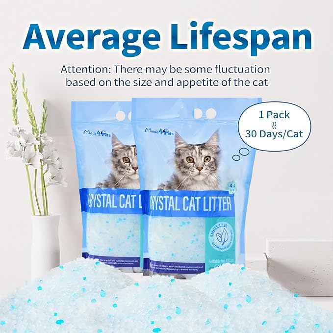 Made4Pets Cat Litter Crystals, Non Clumping Cat Litter Odor Control Silica Gel Cat Litter Non Clumping Low Dust, Low Tracking, Lightweight, Dehydrates Waste,Cologne– 25.8 lbs (6 x 4.3 lb Packs)