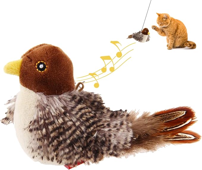 GiGwi Interactive Cat Toys Squeaky, Stimulated Chirping Bird Toy Making Noise,Automatic Chirp Bird Cat Toy with Feather Tail, Melody Chaser Play and Squeak Kitten Toy for Boredom