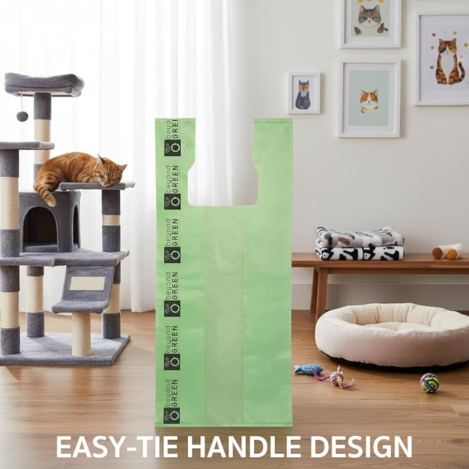 beyondGREEN Large Cat Litter Waste Bags with Handles, 100 Count – Green – 10" x 20" with 3.5" Gussets – Extra-Large, Strong Litter Clean-Up Bags