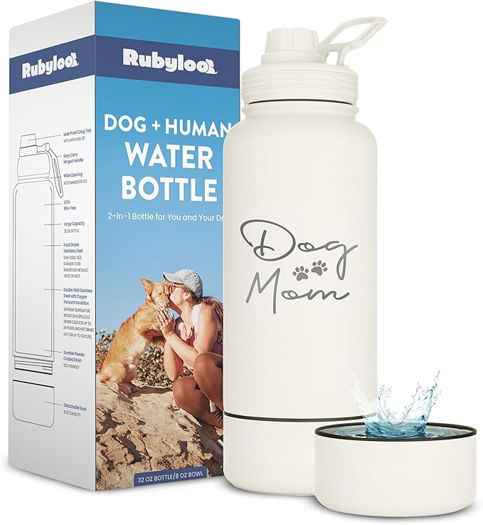 Rubyloo Original Doggy Bag (Paw Print) & 32oz Insulated Water Bottle with Attached 8oz Bowl (Dog Mom) – Dog Travel Bag & Hydration Set