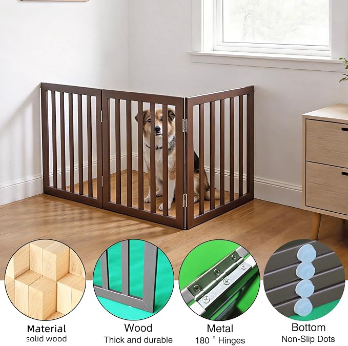 Dog Gate Indoor, Freestanding Dog Fence for The House, Doorways, Hallways,or Stairs,Pet Gate Foldable Wooden,Expandable 32" Height 3 Panels,Brown