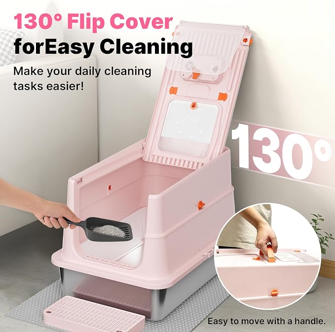 Stainless Steel Litter Box with Flip Lid, XL Extra Large Cat Litter Box with High Sided Top Entry Design, Anti-Leakage Enclosed Metal Litterbox for Big Cats, with Handle, Mat, Pedal & Scoop, Pink