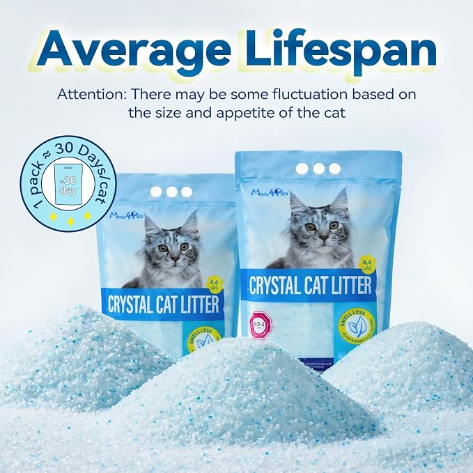 Made4Pets Cat Litter Crystals, Non Clumping Cat Litter Odor Control Kitty Litter Non Clumping No scooping Low Dust, Low Tracking, Lightweight, Dehydrates Waste,– 25.8 lbs (6 x 4.3 lb Packs)