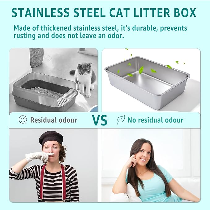 Stainless Steel Cat Litter Box-6" High Side Metal Litter Box,XLarge Stainless Steel LitterBox,Cat LitterBox for Big Cats or Rabbit，Puppy，Non Stick, No Smell, Easy to Clean