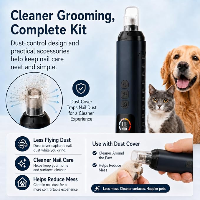 2026 Upgraded Silent Groom Pro Nail Grinder, 6-Speed Dog Nail Grinder with Led Light, Grooming Pro Pet Nail Grinder with 2 Grinding Heads, Pet Nail Trimmers for Small Medium Large Dogs & Cats