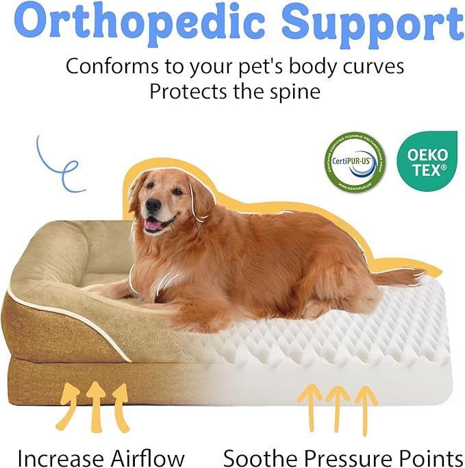 Chez Paw Large Orthopedic Dog Bed for Extra Large Dogs, Waterproof XL Egg-Crate Foam Dog Bed with Removable Washable Cover & Non-Slip Bottom, 4-Sided Bolster Support,Brown 42"x30"x7.5"