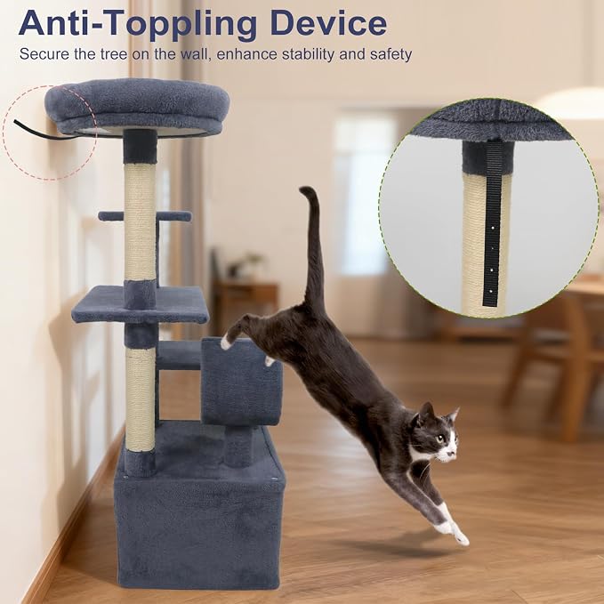 Tangkula Cat Tree Tower, 48 Inch Multi-Level Cat Tower with Large Condo, Sisal Scratching Post, Padded Top Perch, Tunnel, Hanging Ball, 3 Jumping Platforms for Indoor Cats (Dark Gray)