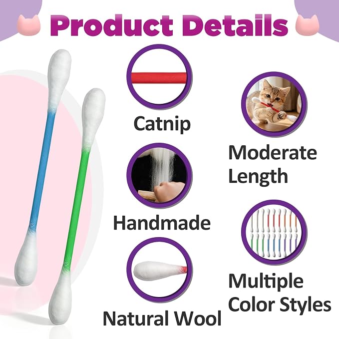18 Pcs Cotton Swabs Cat with Catnip, Interactive Kitty Kick Sticks | Durable for chew, Soft plushfor, for anxiety and digestive aid