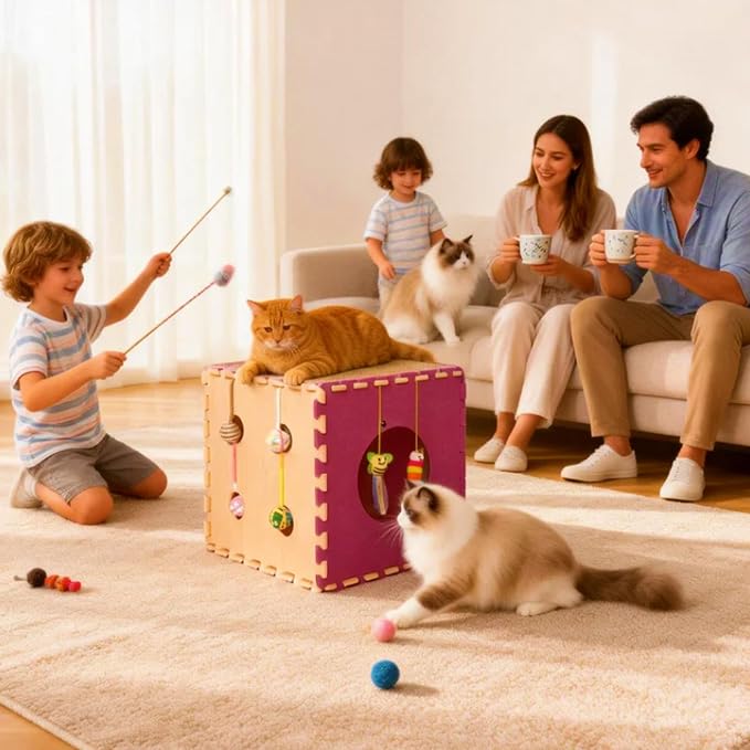 Larger-Size Interactive Cat Toys for Indoor Cats, Kitten Toys, Catnip Toys, Cat Wand, Feather Wand, Bells & Balls for Indoor Cats,30 Pcs Puzzle Box with Cooling Mat