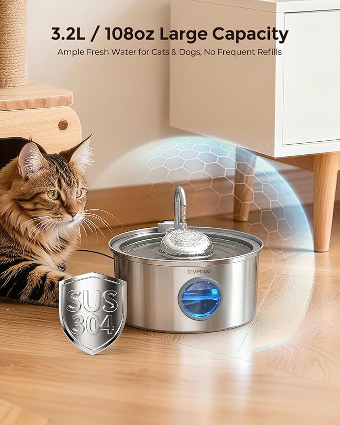 Invengo Cat Water Fountain Stainless Steel, 3.2L/108oz Pet Drinking Fountain for Cats Dogs Bundle