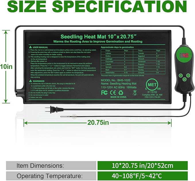 Seedling Heat Mat with Built-in Thermostat 4 Pack, 10" x 20.75" Waterproof Plant Heating Pad with Temperature Controller for Hydroponic,Germination, Indoor Gardening, Greenhouse, MET-Certified