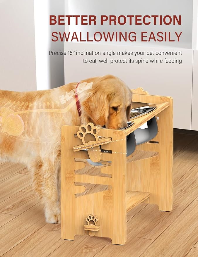 Vantic Elevated Dog Bowls, Adjustable Raised Dog Bowl Stand for Large and XLarge Pet, Sturdy Bamboo Food Feeder with 2 Stainless Steel Dishes, Natural