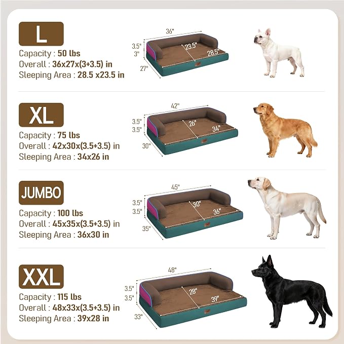Comfort Expression Dog Bed Large Size Dog - XL Pet Bed Waterproof Orthopedic Pet Couch Memory Foam Sofa Bolster with Removable Cover - 42 x 30