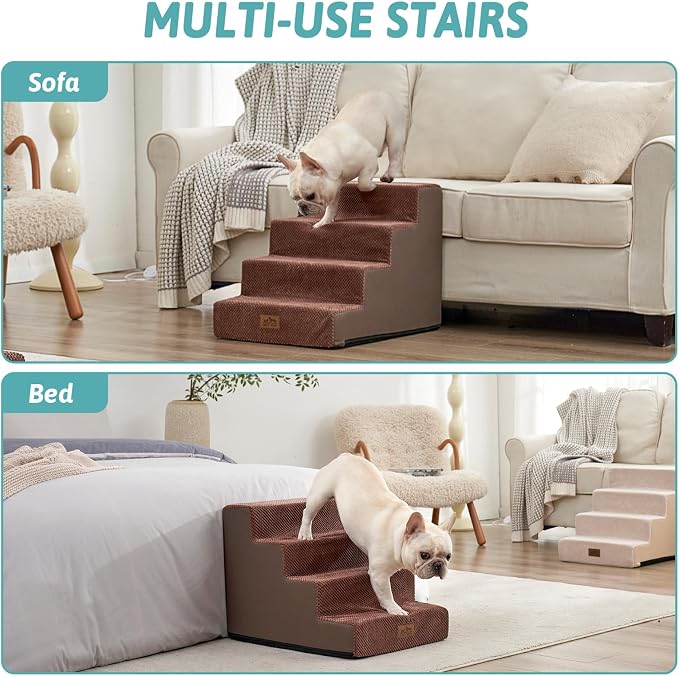 COZY KISS Dog Stairs for Small Dogs, 17.7" Extra Wide Right-Angle Pet Stairs for Couch and Beds, Anti-Slip Dog Steps for Old Cats and Lowrider, 17.7x23.6x17.7 inch, Brown