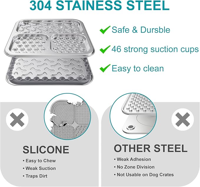 Stainless Steel Lick Mat for Dogs & Cats, Dog Lick Mat with Suction Cups & Crate Mount, Chew-Proof Slow Feeder Lick Pad with 3 Textured Zones for Calm Feeding & Anxiety Relief [2 Pack]
