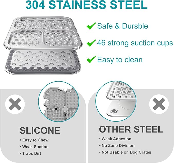 Stainless Steel Lick Mat for Dogs & Cats, Dog Lick Mat with Suction Cups & Crate Mount, Chew-Proof Slow Feeder with 3 Textured Zones for Calm Feeding & Anxiety Relief [1Pack]