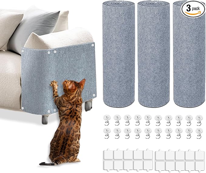 3PCS Cat Scratch Mat, 39.4"x11.9" DIY Trimmable Self-Adhesive Cat Scratching Mat, Couch Protector from Cats Claw, Indoor Furniture Protector for Cats Scratching (Light Gray)