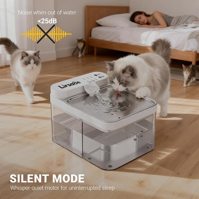 Cat Water Fountain, Filterless Cordless Cat Water Bowl, Wastewater Separation, Stainless Steel Tray, Not Continuous-Flow Auto-Refill Pet Water Dispenser with Scheduled Water Refresh, White
