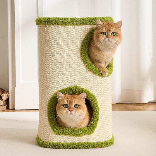 Cat House for Indoor Cats with Scratchable Sisal Material,2 Hideaways & 3 Soft Pads – Sturdy Multi-Level Cat Condo &Space-Saving Furniture for Multiple Pets, Easy to Assemble
