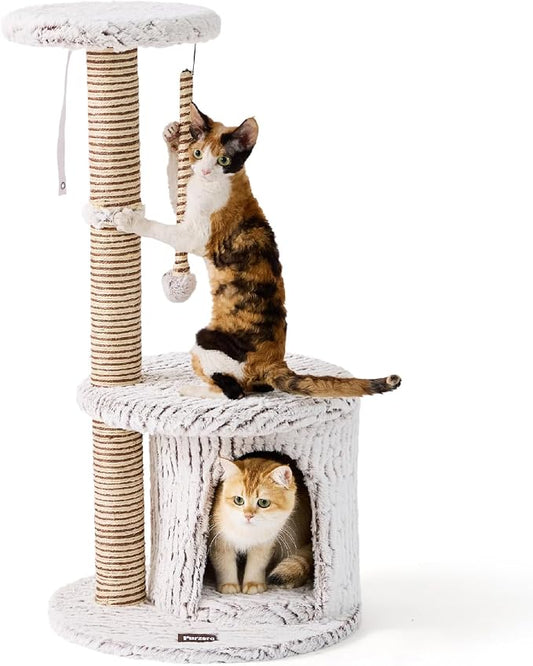 Cat Tree Tower, Multi-Level Cat Tower Condo with Spacious Elevated Perch, Scratching Post, Cozy Cave, Dangling Toy Ball, Durable Pet House Furniture for Indoor Kittens.