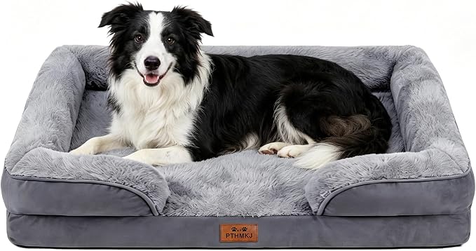 Orthopedic Dog Bed for Large Dogs - Gel Memory Foam Pet Bed with Waterproof & Washable Cover, Contoured Bolster Design for Dogs & Cats (Grey, 36.0" L x 27.0" W x 6.7" Th)