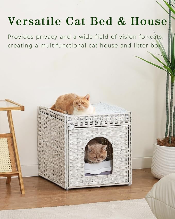 SETVSON Cat Beds for Indoor Cats Extra Large Double Cat Cave Pet Cube, Handwoven Rattan Cat Houses with Double-Sided Soft Cushions, 18.5 x 20.5 x 19.1 Inches Foldable Hideaway in Living Room White