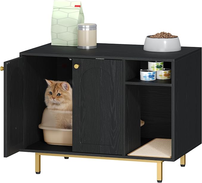 Hzuaneri Cat Litter Box Enclosure,Hidden Litter Box Furniture with Storage, Large Wooden Cabinet with Sisal Mat, Modern Cat Washroom for Living Room, Bedroom, Entryway, Black and Gold CB01504G