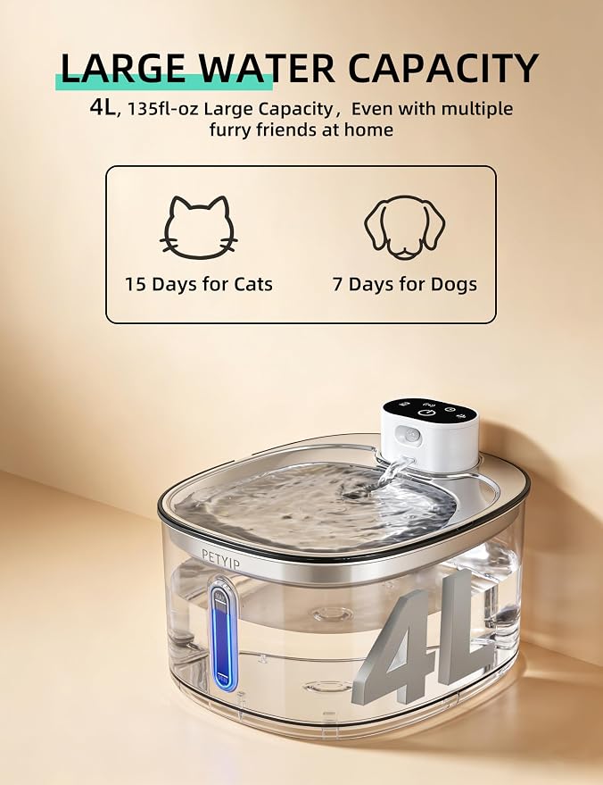 Wireless Cat Water Fountain Stainless Steel,135fl-oz/4L Battery Operated Automatic Pet Water Dispenser,Cordless Dog Water Fountain,Water Fountains for Cats Indoor,Ultra Quiet (Cat Fountain + 2 Filter)