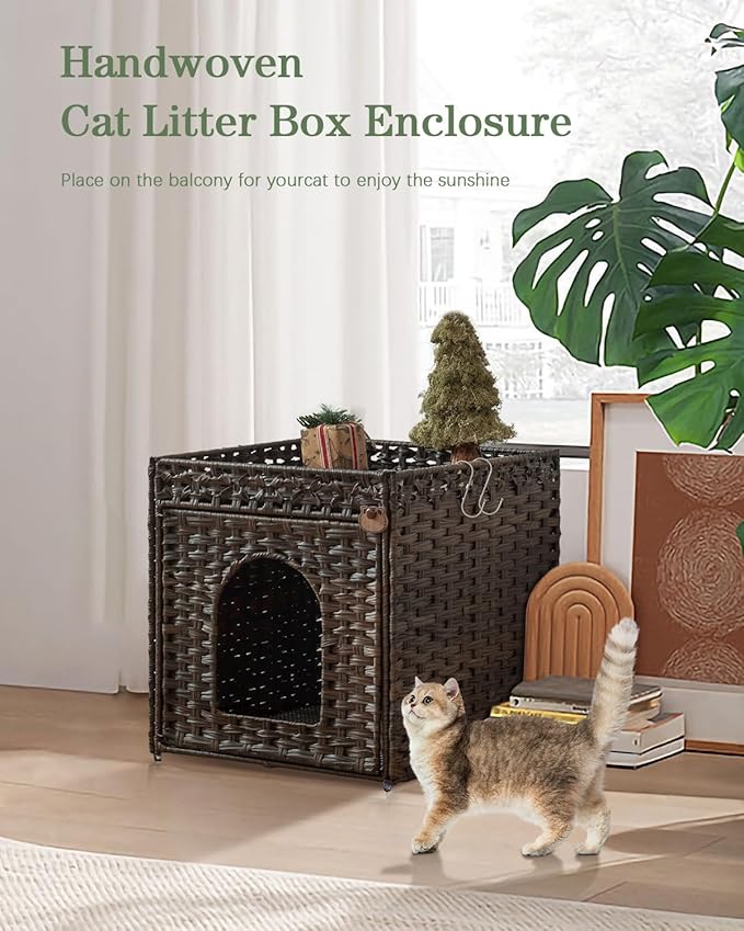 SETVSON Cat Litter Box Enclosure Furniture, Hidden Litter Box with Mat and Fence, Handwoven Rattan Cat House with Two S-Shaped Hooks for Living Room, Bedroom, 18.5 x 20.5 x 19.1 Inches (Brown)
