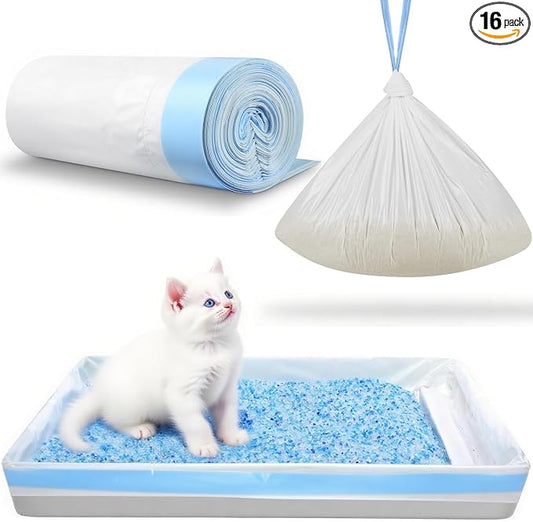 16 Pack Litter Box Liners Compatible with Safe Pets ScoopFree Crystal Pro Cat Litter Box, Large Cat Waste Poop Bags with Drawstring Heavy Tear-free- 37" x 13"