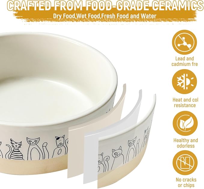 Ceramic Cat Bowls，6.1inch Raised Cat Bowls with Cute Pattern for Small and Medium Breed Dogs,2 Pack Cats Food and Water Bowl Set,Weighted Pet Dishes Dishwasher Safe
