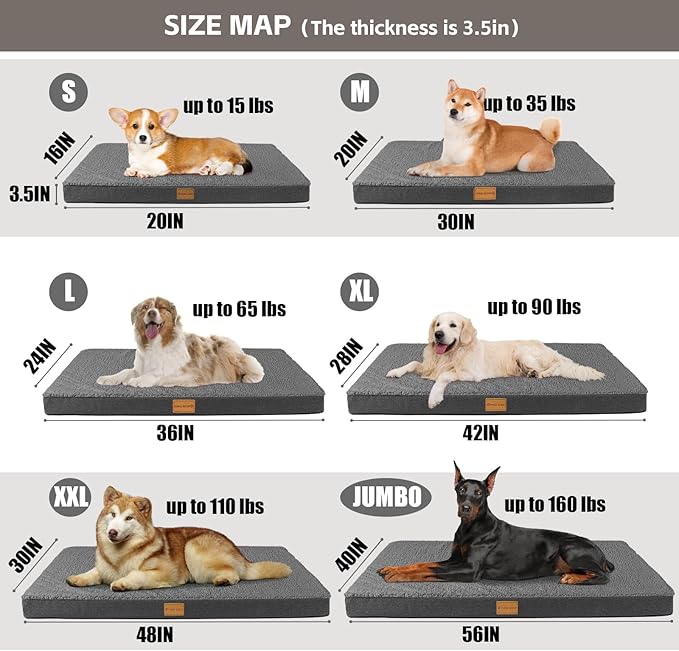 Patas Lague Orthopedic XL Dog Bed Large Sized Dog 42''X28'', Soft Waterproof Egg Crate Foam Large Pet Crate Beds Mat with Removable Washable Cover and Non-Slip Bottom, Dark Grey