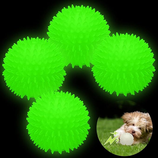 Silipull 4 Pcs 3.15 Inch Glow Dog Ball Spiky Squeaky Dog Toy Ball Glow in The Dark Rubber Interactive Elastic Puppy Fetch Chew Toys for Aggressive Chewers Small, Medium, Large Puppy Pet
