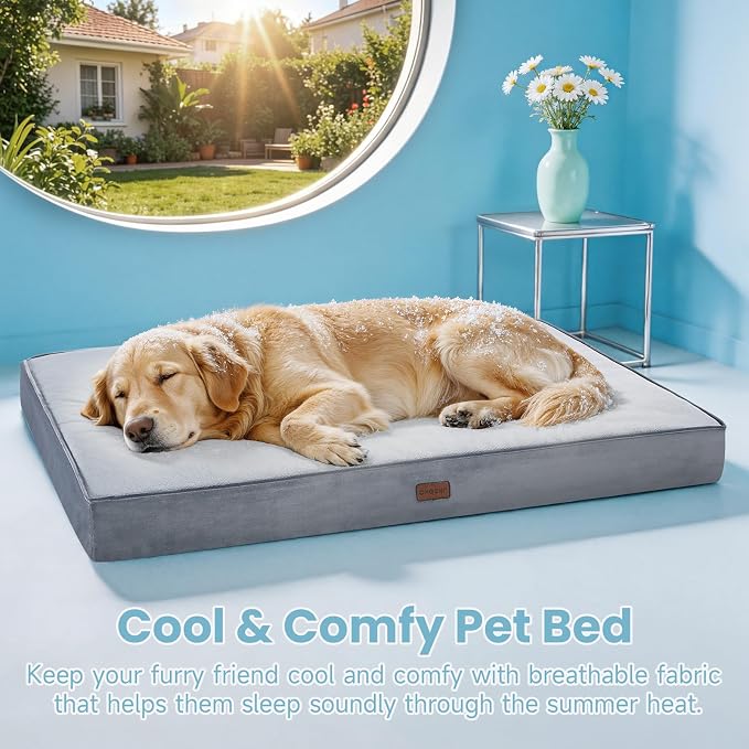 OhGeni Orthopedic Cooling Dog Bed for Extra Large Dogs, Cooling Mat with Machine-Washable Removable Cover in Easy-Clean Fabric, High Density Foam & Easy-Carry Handle, Summer Pad, 41 inch (Gray)